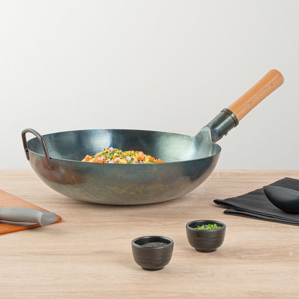 Motomori 14" Blue Carbon Steel Flat Bottom Wok / Stir Fry Pan - Hand Hammered, Pre-seasoned, with Wooden Handle - 10 count box