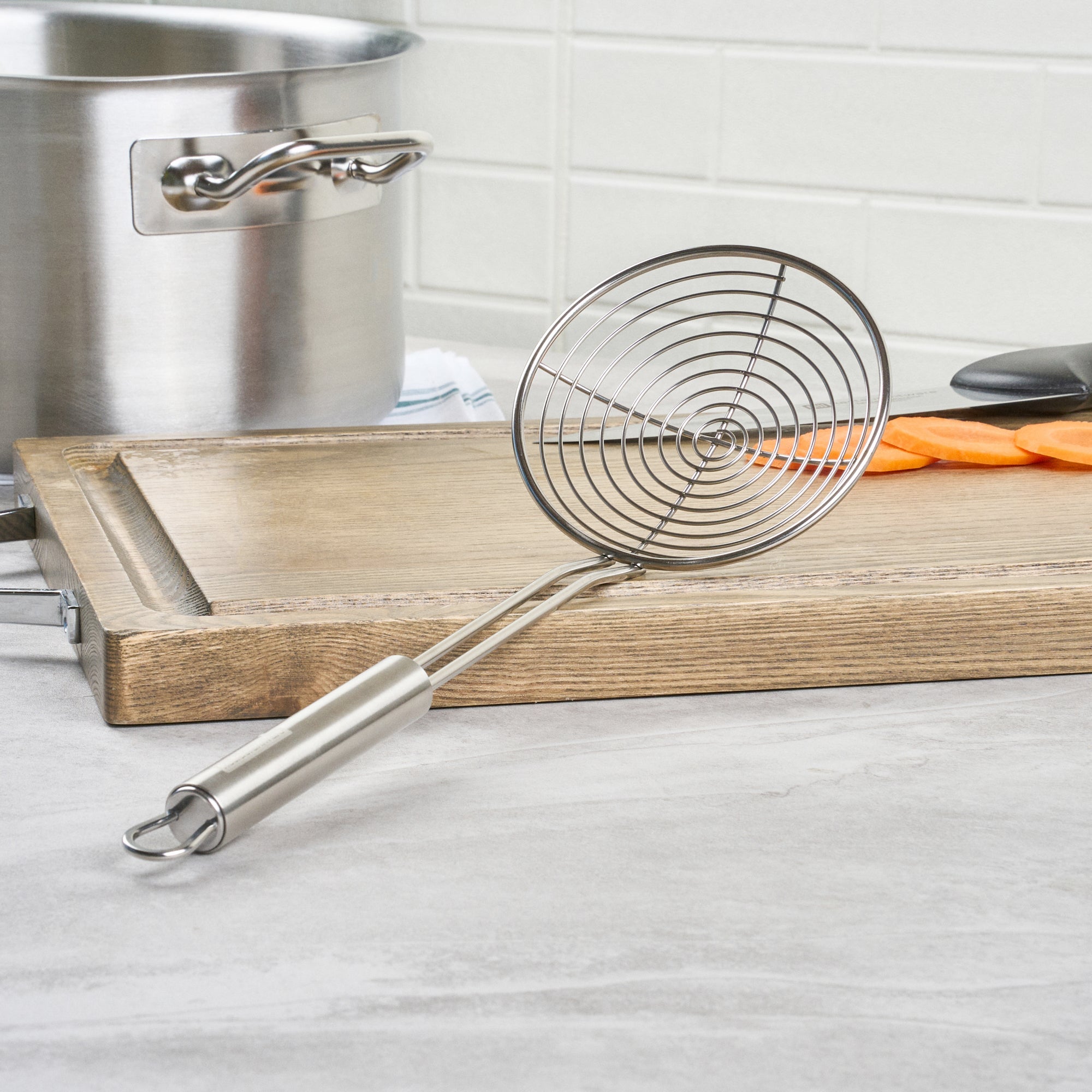 German Standard Stainless Steel Spiral Wire Skimmer - 14'' x 4 3/4'' - 1 count box