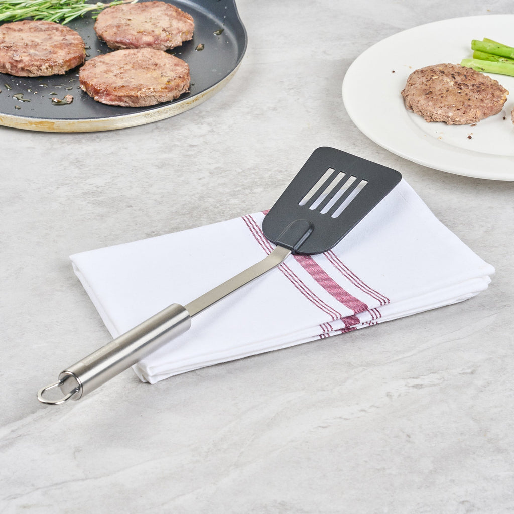 German Standard Black Nylon High Heat Slotted Turner / Spatula - with Stainless Steel Handle - 12 3/4'' - 1 count box