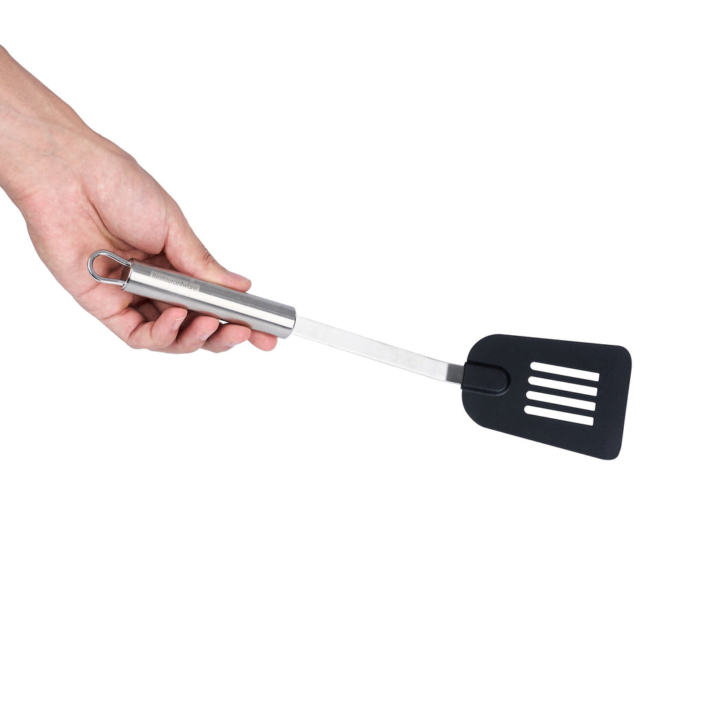German Standard Black Nylon High Heat Slotted Turner / Spatula - with Stainless Steel Handle - 12 3/4'' - 1 count box