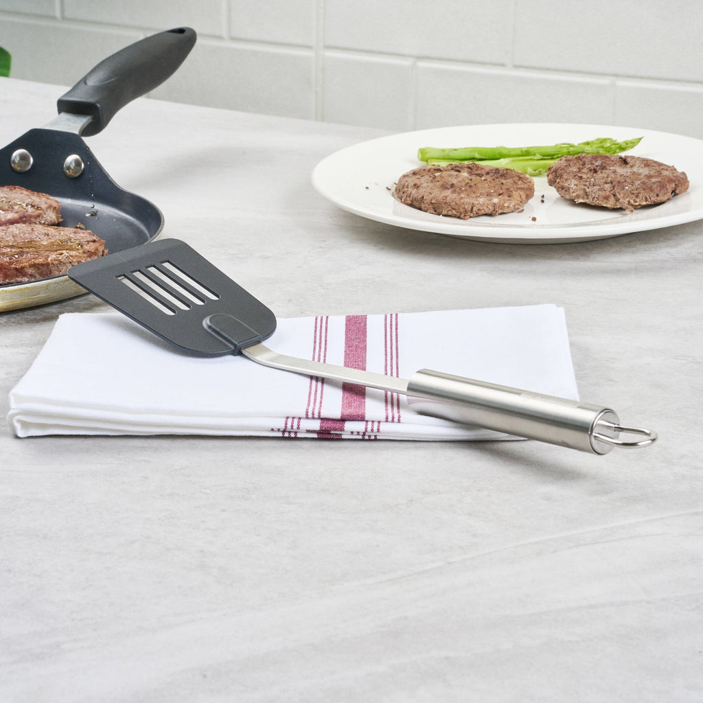 German Standard Black Nylon High Heat Slotted Turner / Spatula - with Stainless Steel Handle - 12 3/4'' - 1 count box