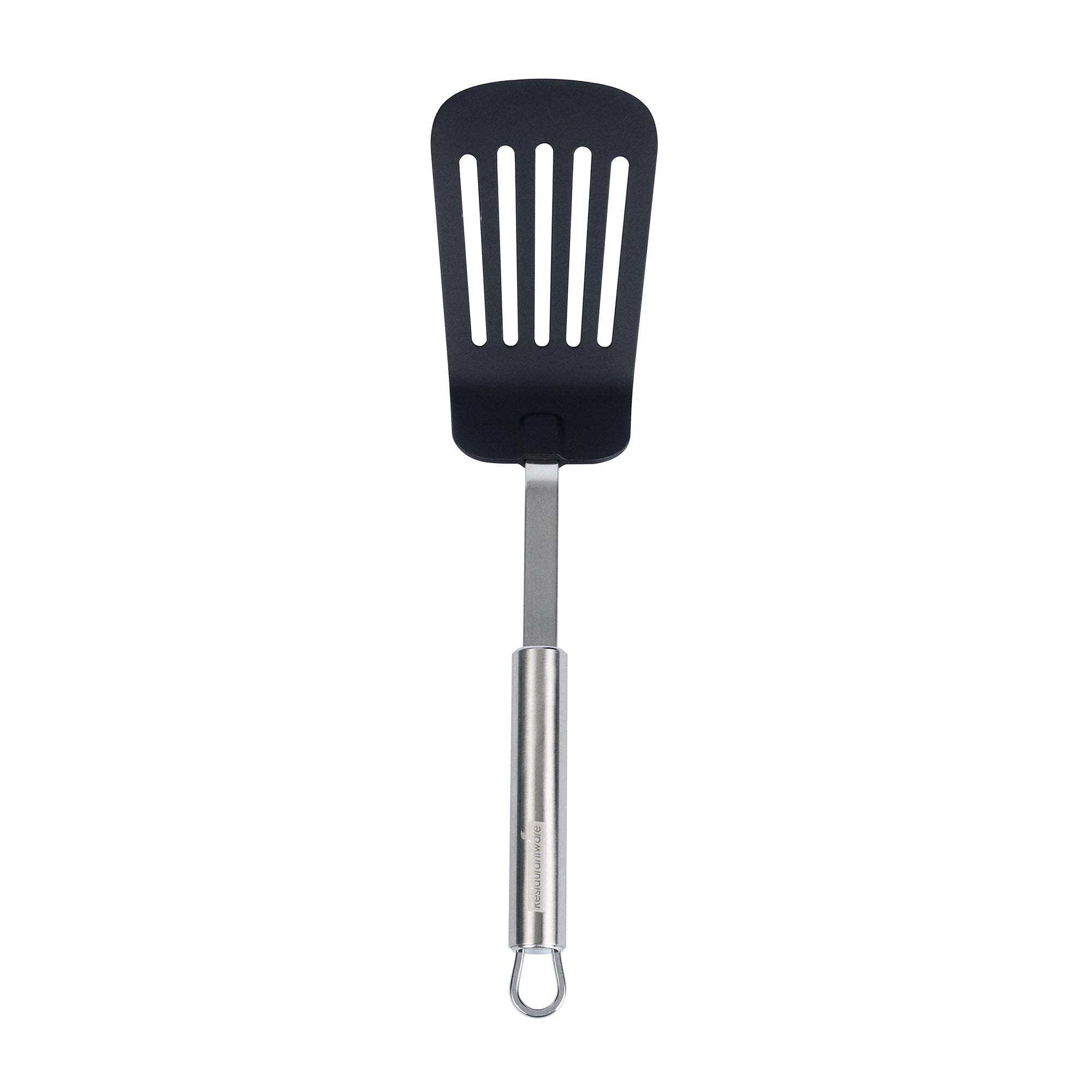 German Standard Black Nylon High Heat Slotted Turner / Spatula - with Stainless Steel Handle - 12 1/2'' - 36 count box