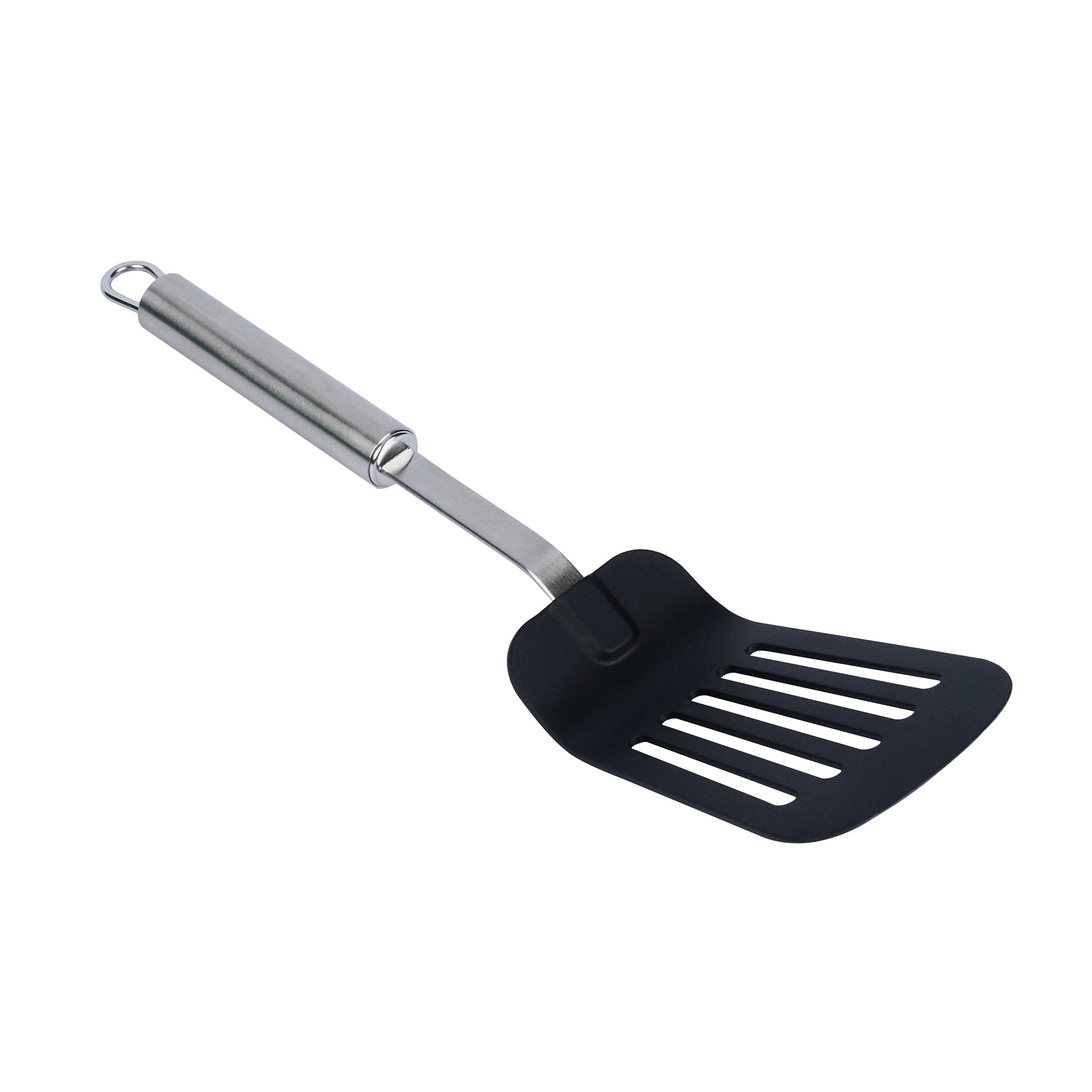 German Standard Black Nylon High Heat Slotted Turner / Spatula - with Stainless Steel Handle - 12 1/2'' - 36 count box