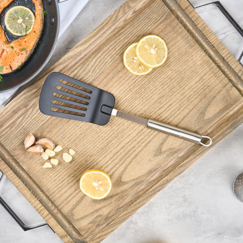 German Standard Black Nylon High Heat Slotted Turner / Spatula - with Stainless Steel Handle - 12 1/2'' - 6 count box