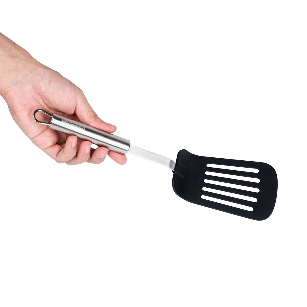 German Standard Black Nylon High Heat Slotted Turner / Spatula - with Stainless Steel Handle - 12 1/2'' - 1 count box