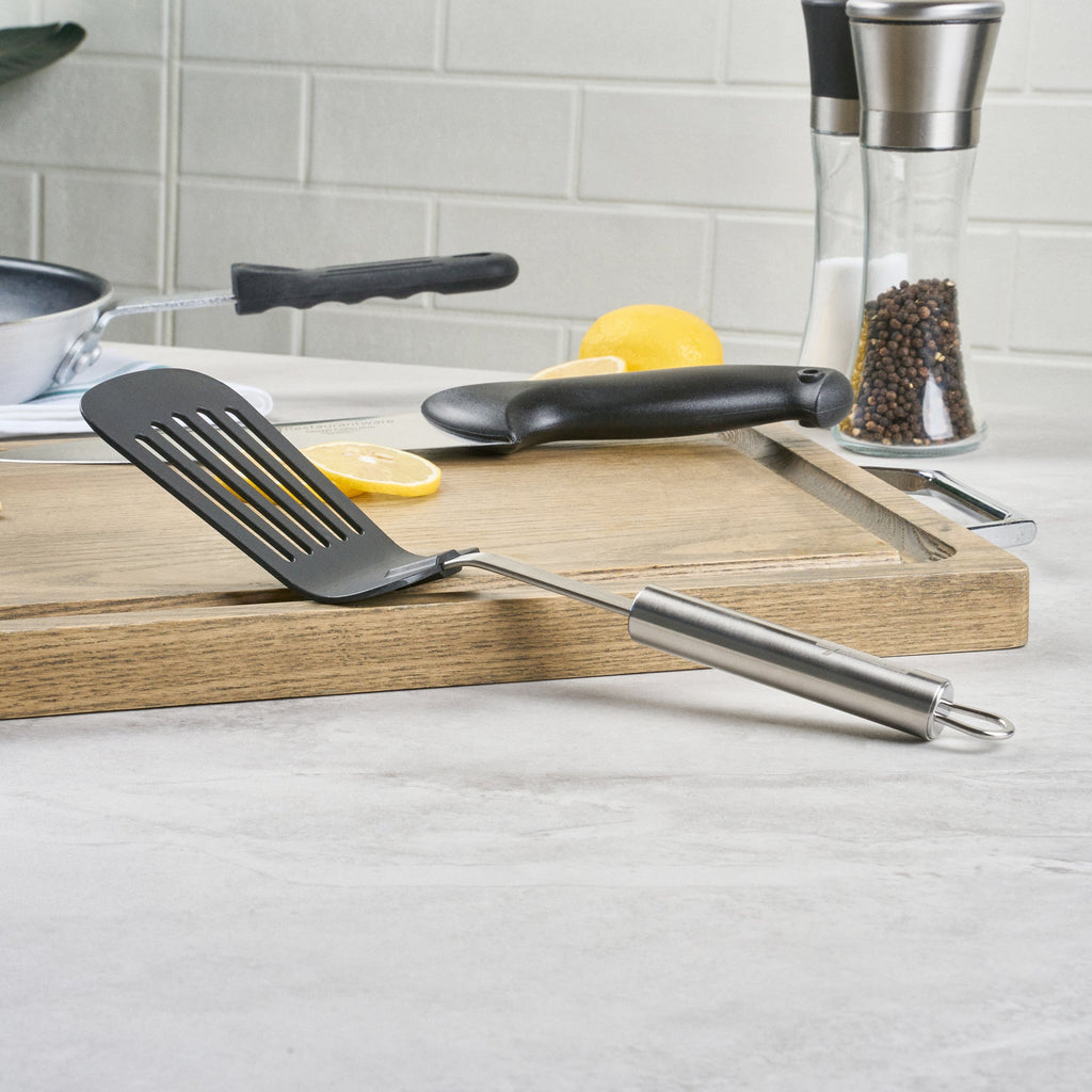 German Standard Black Nylon High Heat Slotted Turner / Spatula - with Stainless Steel Handle - 12 1/2'' - 1 count box