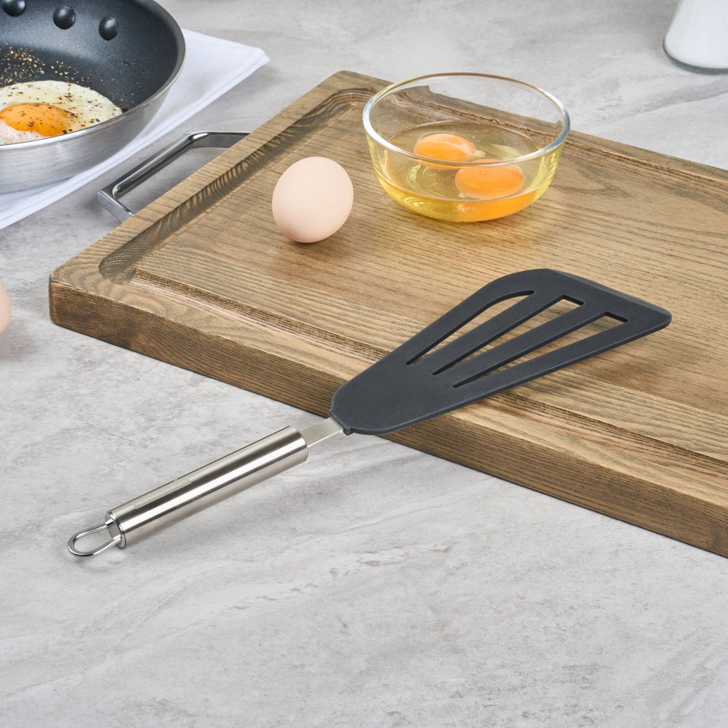 German Standard Black Silicone Fish / Egg Turner / Spatula - with Stainless Steel Handle - 12 3/4'' - 1 count box