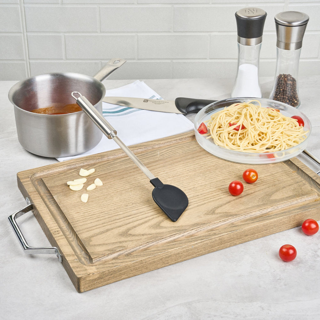 German Standard Black Nylon High Heat Cooking Spoon - Pointed Tip, with Stainless Steel Handle - 12 3/4'' x 2 1/4'' - 1 count box