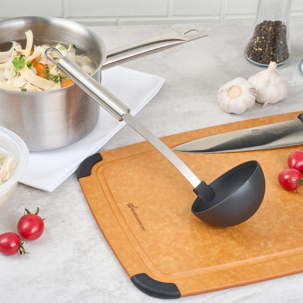 German Standard Black Nylon High Heat Serving Ladle - One-Piece, with Stainless Steel Handle - 12 1/4'' x 3 1/2'' x 3 1/4'' - 1 count box