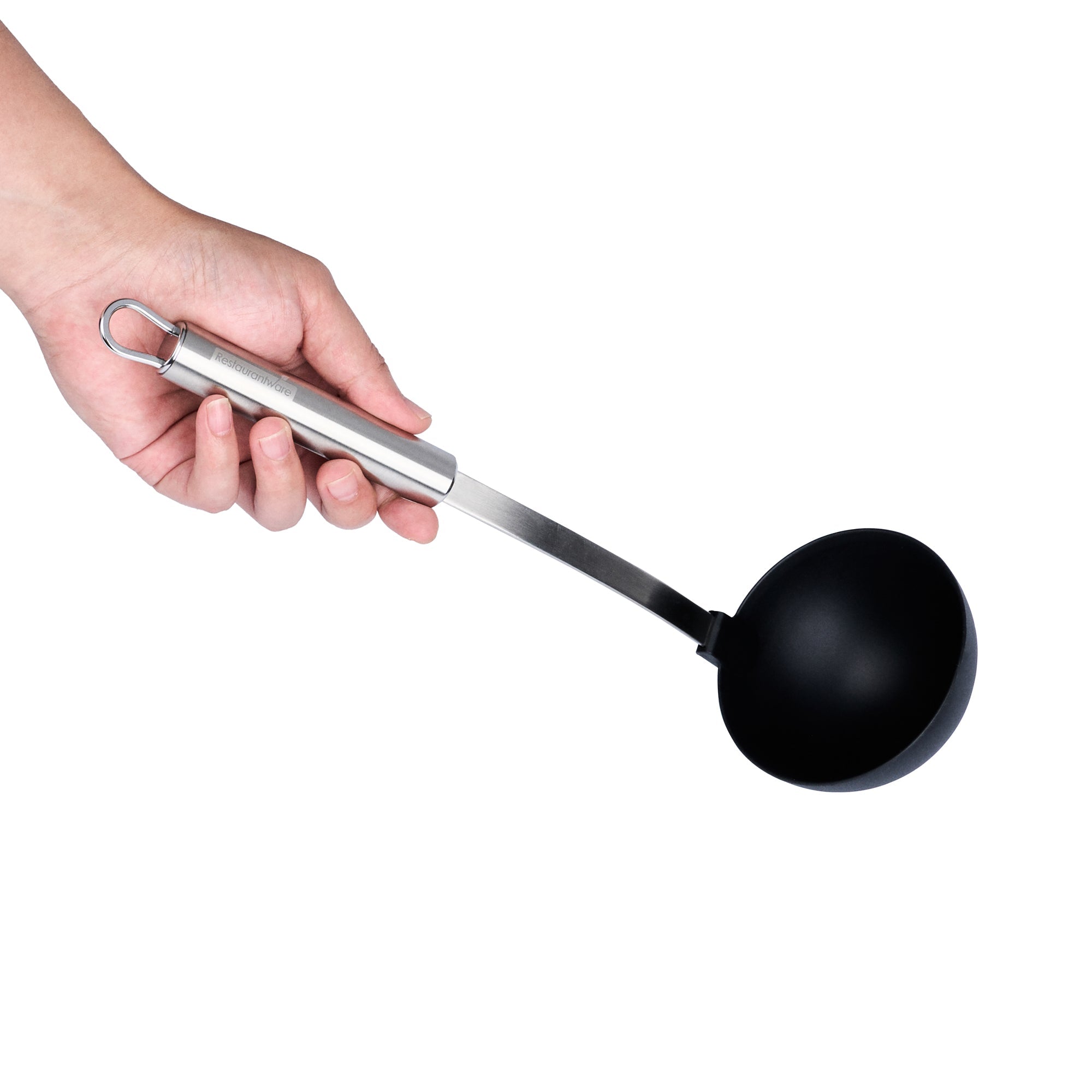 German Standard Black Nylon High Heat Serving Ladle - One-Piece, with Stainless Steel Handle - 12 1/4'' x 3 1/2'' x 3 1/4'' - 1 count box