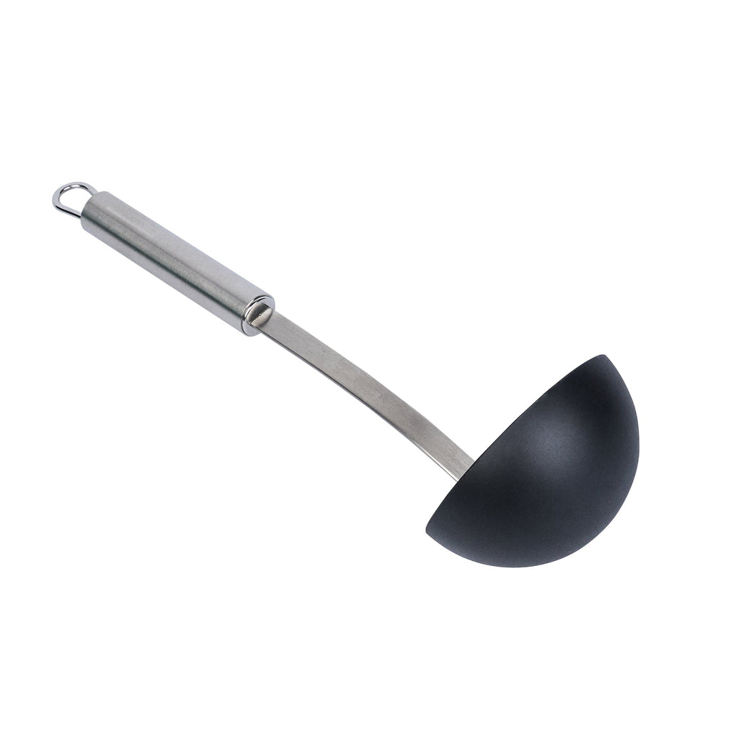 German Standard Black Nylon High Heat Serving Ladle - One-Piece, with Stainless Steel Handle - 12 1/4'' x 3 1/2'' x 3 1/4'' - 1 count box