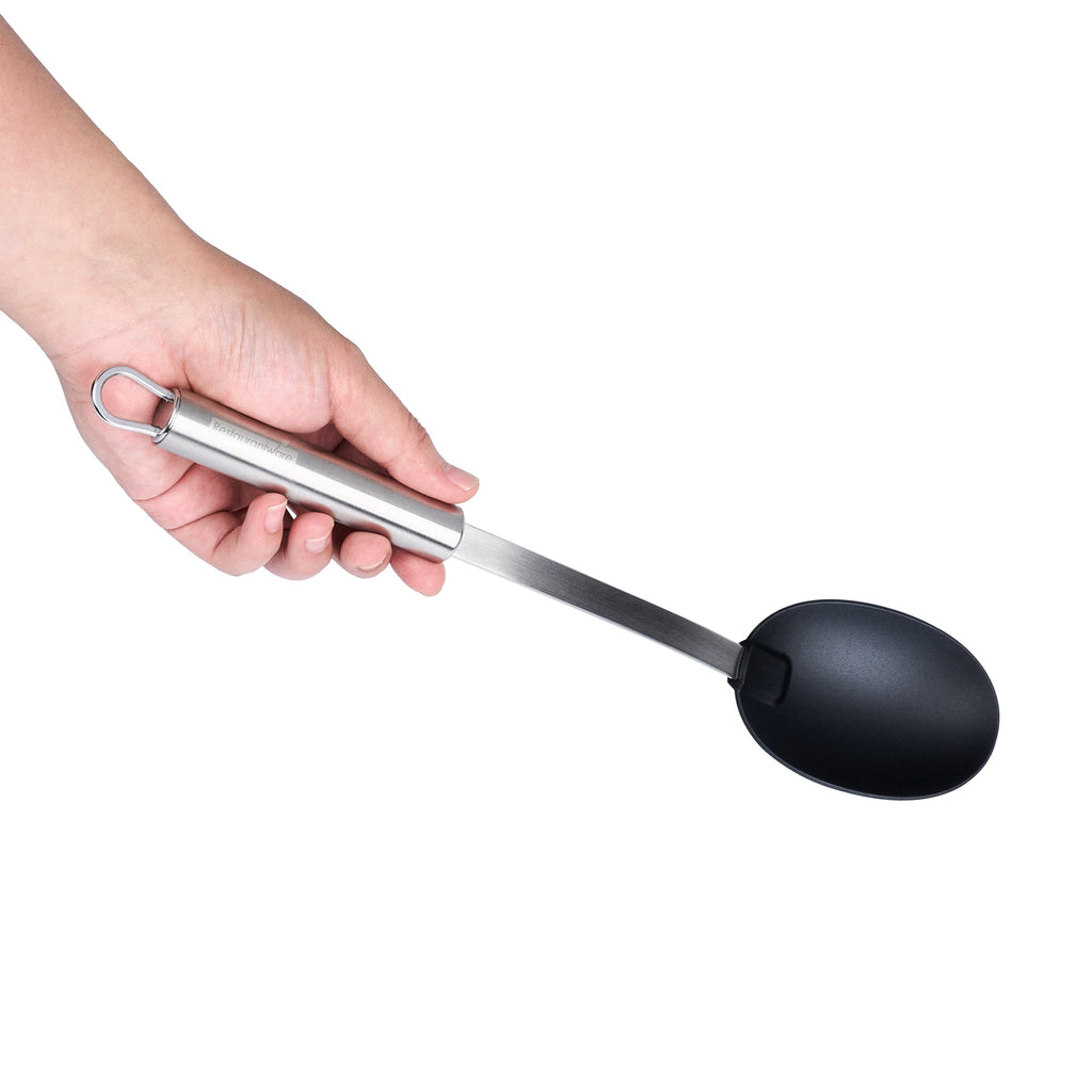 German Standard Black Nylon High Heat Solid Serving Spoon - with Stainless Steel Handle - 12 1/2'' x 2 1/2'' x 1 1/2'' - 1 count box