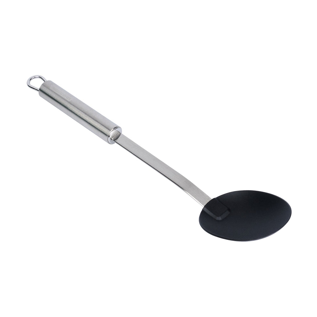 German Standard Black Nylon High Heat Solid Serving Spoon - with Stainless Steel Handle - 12 1/2'' x 2 1/2'' x 1 1/2'' - 1 count box