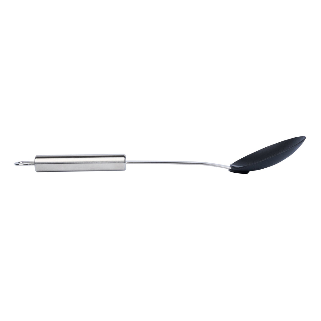 German Standard Black Nylon High Heat Solid Serving Spoon - with Stainless Steel Handle - 12 1/2'' x 2 1/2'' x 1 1/2'' - 1 count box