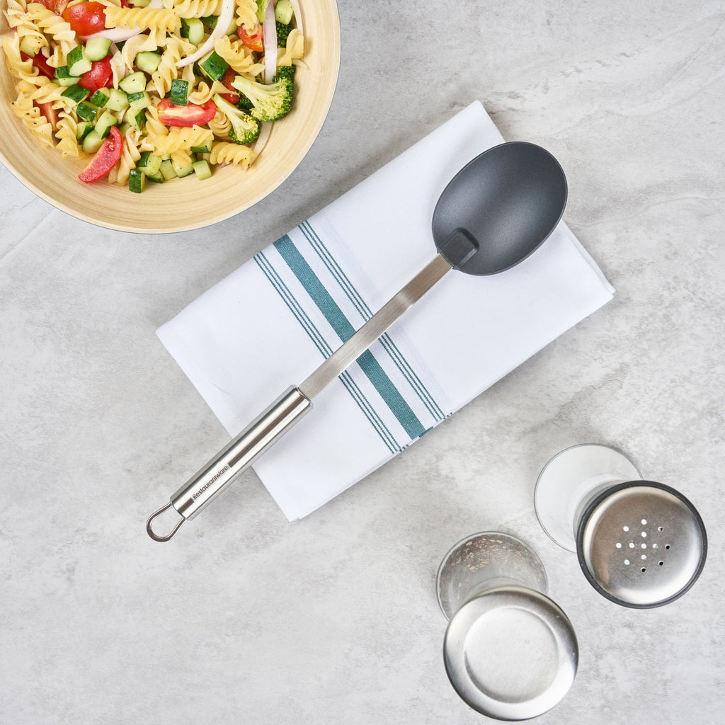 German Standard Black Nylon High Heat Solid Serving Spoon - with Stainless Steel Handle - 12 1/2'' x 2 1/2'' x 1 1/2'' - 1 count box