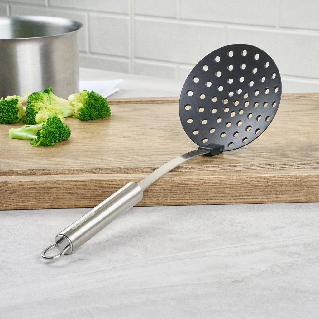 German Standard Black Nylon High Heat Skimmer - with Stainless Steel Handle - 12 3/4'' x 4 1/4'' - 1 count box