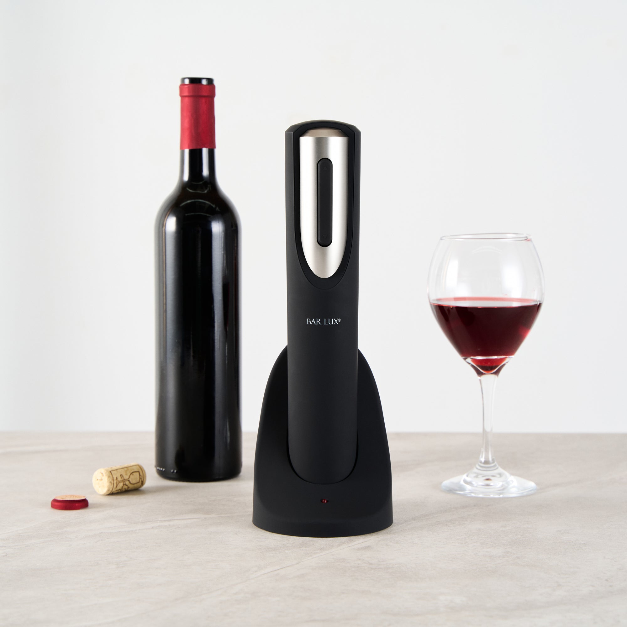 Bar Lux Black and Silver Electric Wine Opener - with Charging Base and Wine Foil Cutter - 1 count box