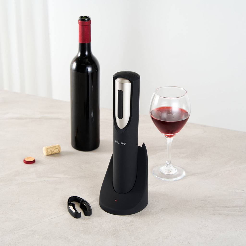 Bar Lux Black and Silver Electric Wine Opener - with Charging Base and Wine Foil Cutter - 1 count box