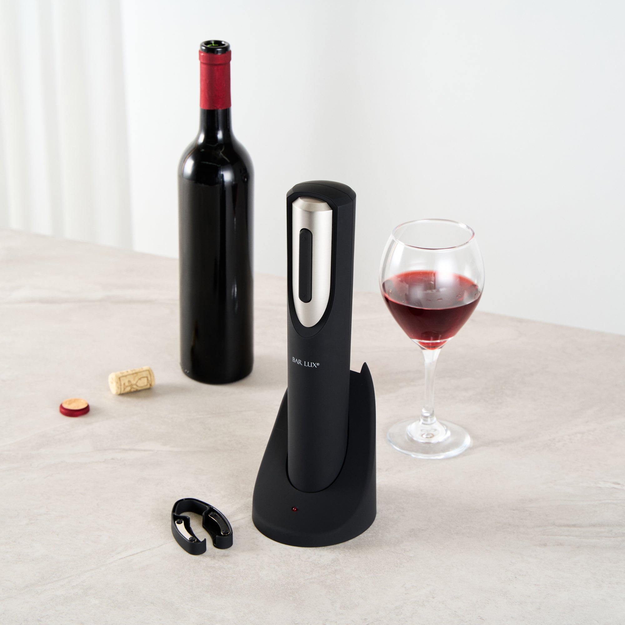 Bar Lux Black and Silver Electric Wine Opener - with Charging Base and Wine Foil Cutter - 1 count box