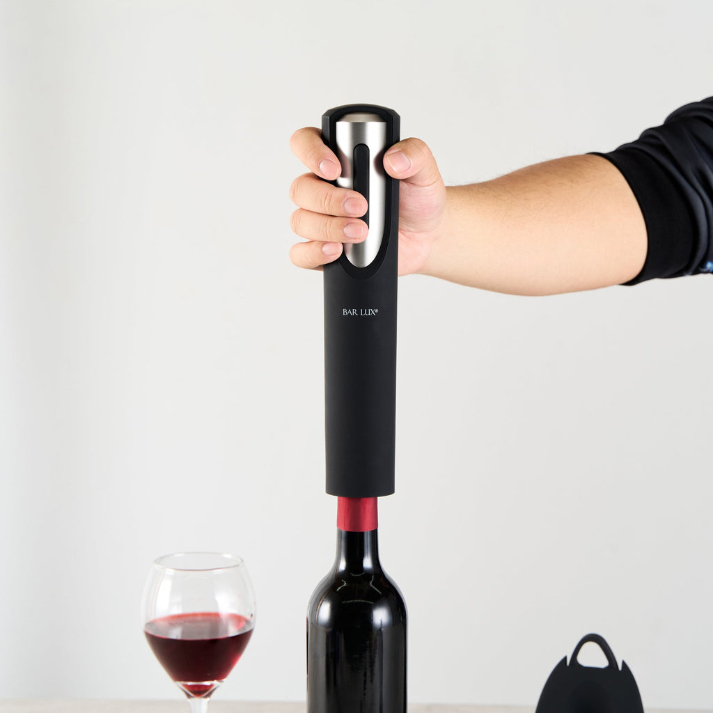 Bar Lux Black and Silver Electric Wine Opener - with Charging Base and Wine Foil Cutter - 1 count box