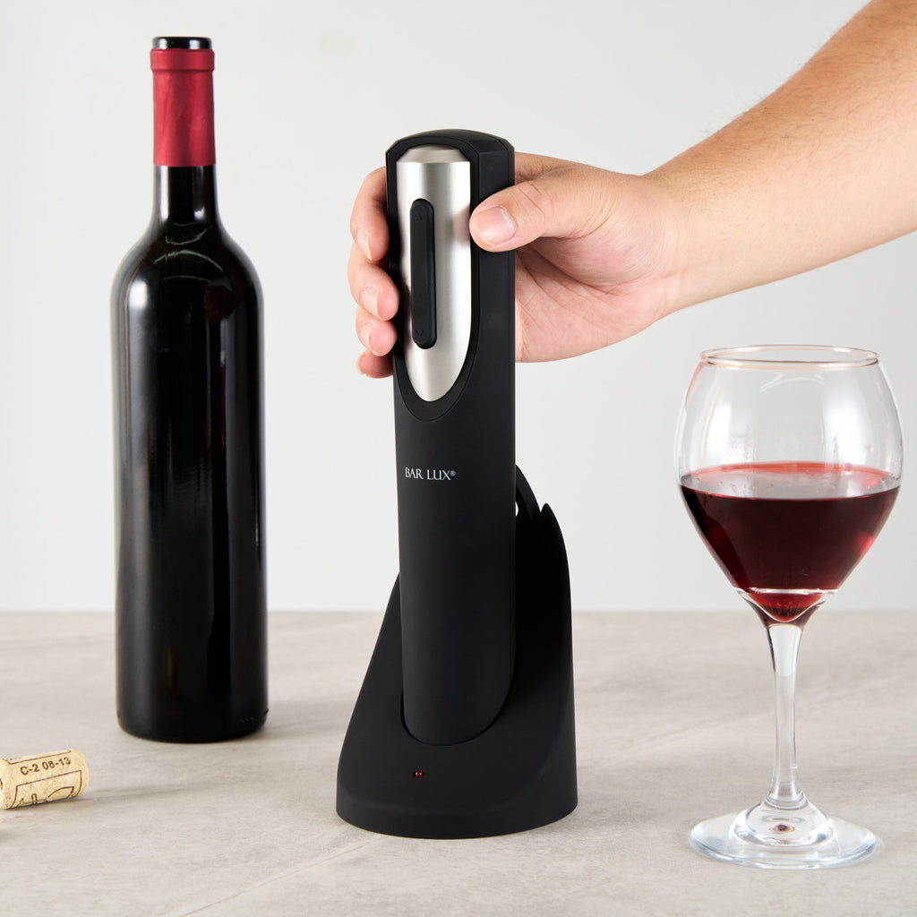 Bar Lux Black and Silver Electric Wine Opener - with Charging Base and Wine Foil Cutter - 1 count box