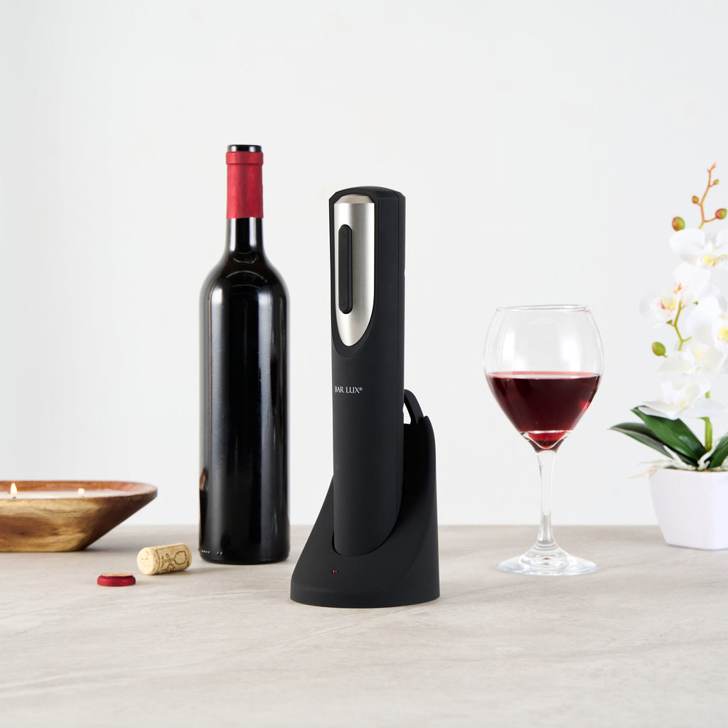 Bar Lux Black and Silver Electric Wine Opener - with Charging Base and Wine Foil Cutter - 1 count box