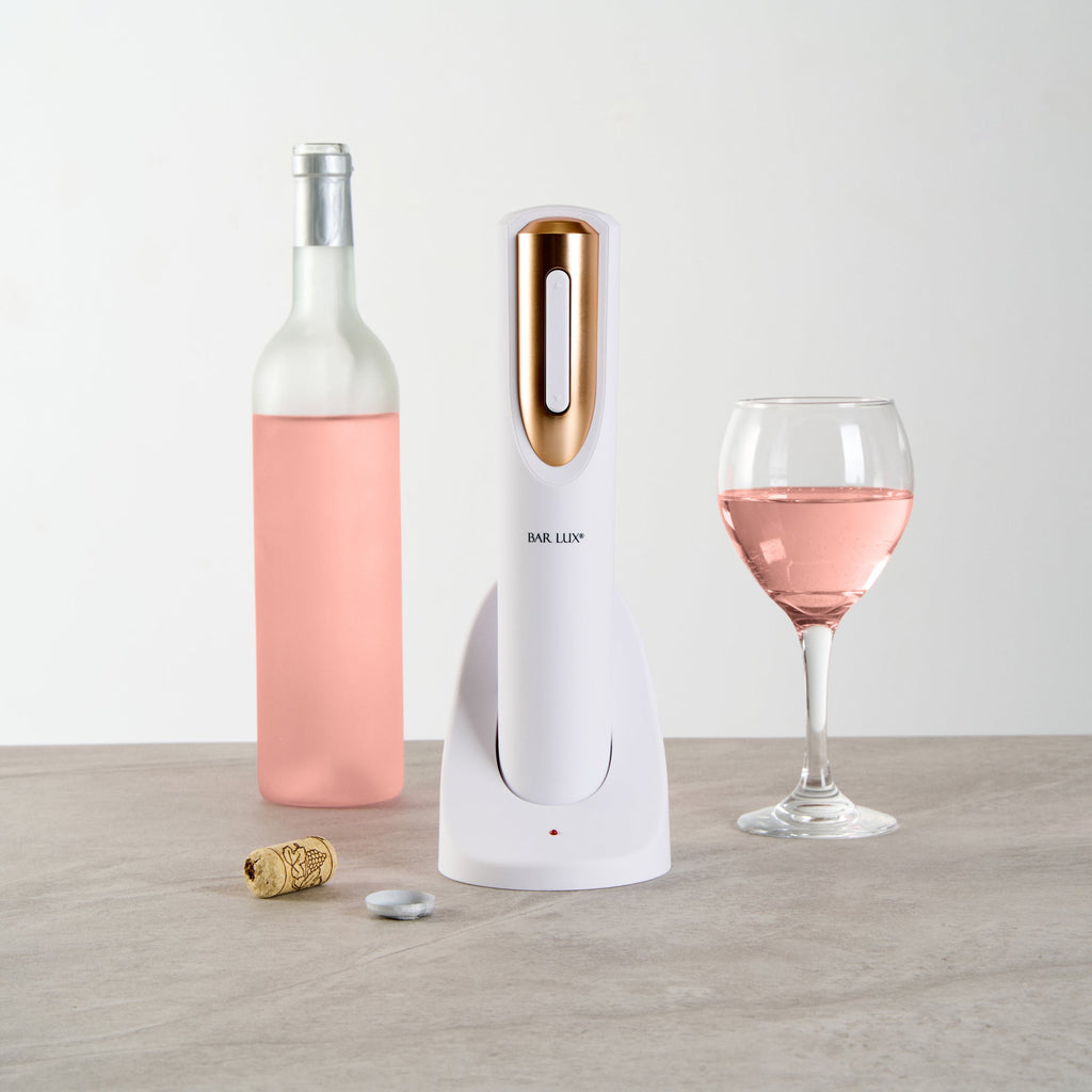 Bar Lux White and Rose Gold Electric Wine Opener - with Charging Base and Wine Foil Cutter - 1 count box
