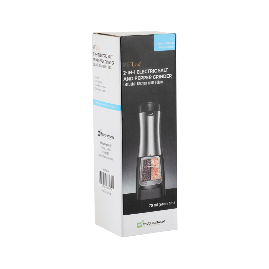 Met Lux Black 2-in-1 Electric Salt and Pepper Grinder - Battery-Operated, with LED Light - 2 3/4'' x 2 3/4'' x 7 3/4'' - 1 count box