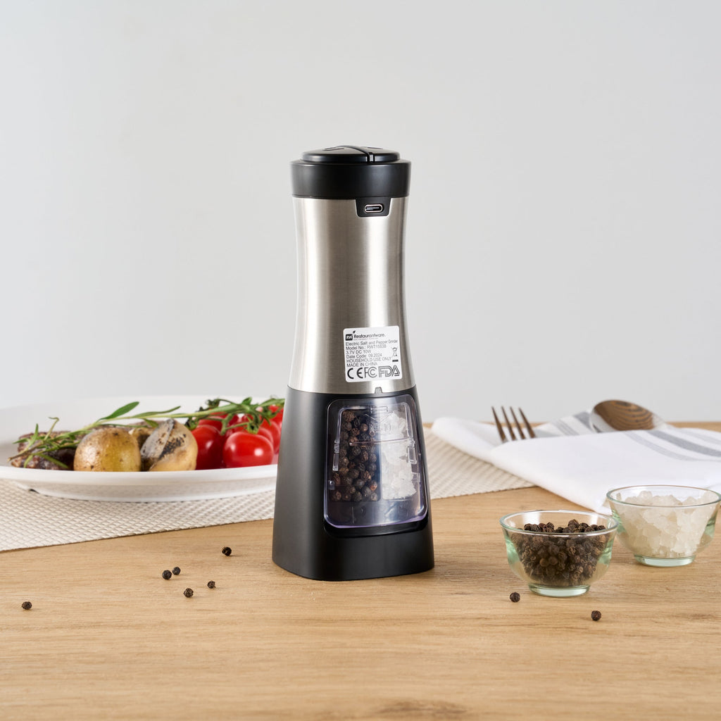 Met Lux Black 2-in-1 Electric Salt and Pepper Grinder - Battery-Operated, with LED Light - 2 3/4'' x 2 3/4'' x 7 3/4'' - 1 count box