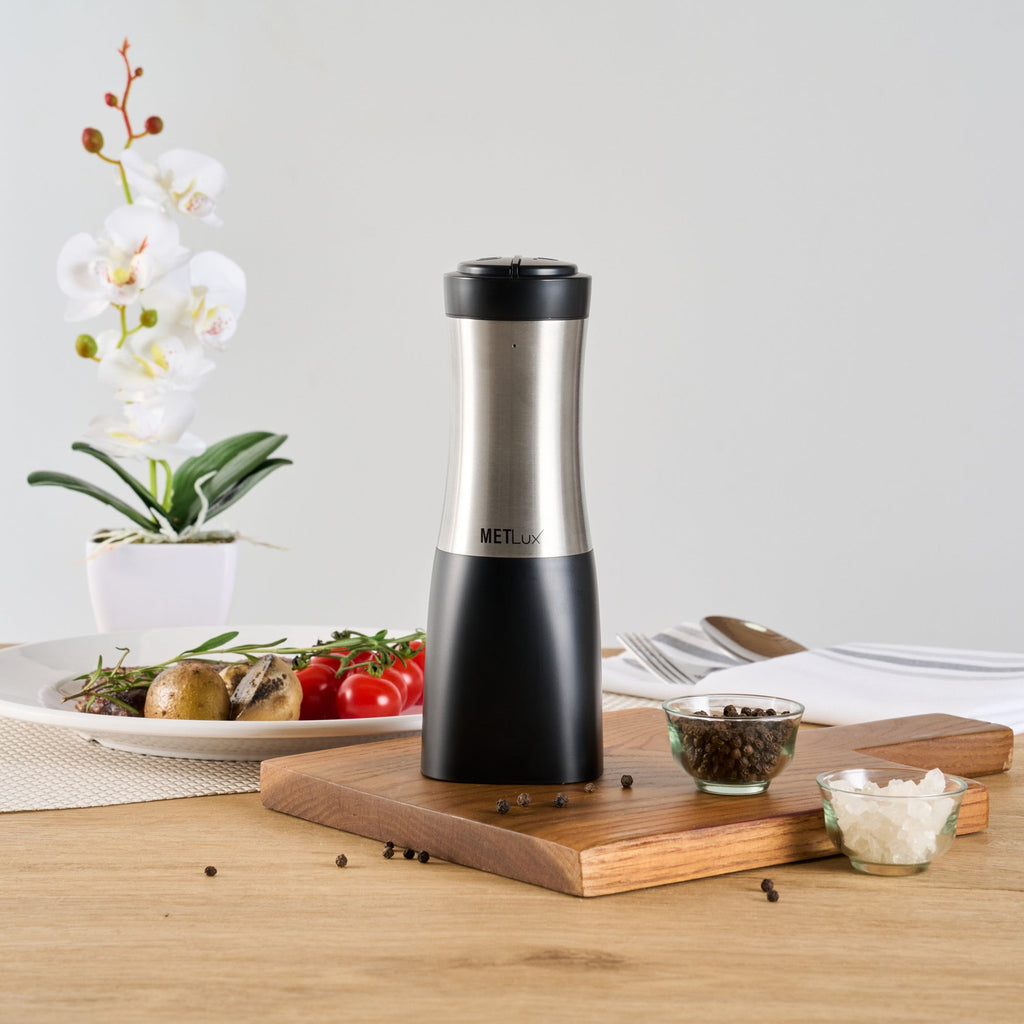 Met Lux Black 2-in-1 Electric Salt and Pepper Grinder - Battery-Operated, with LED Light - 2 3/4'' x 2 3/4'' x 7 3/4'' - 1 count box