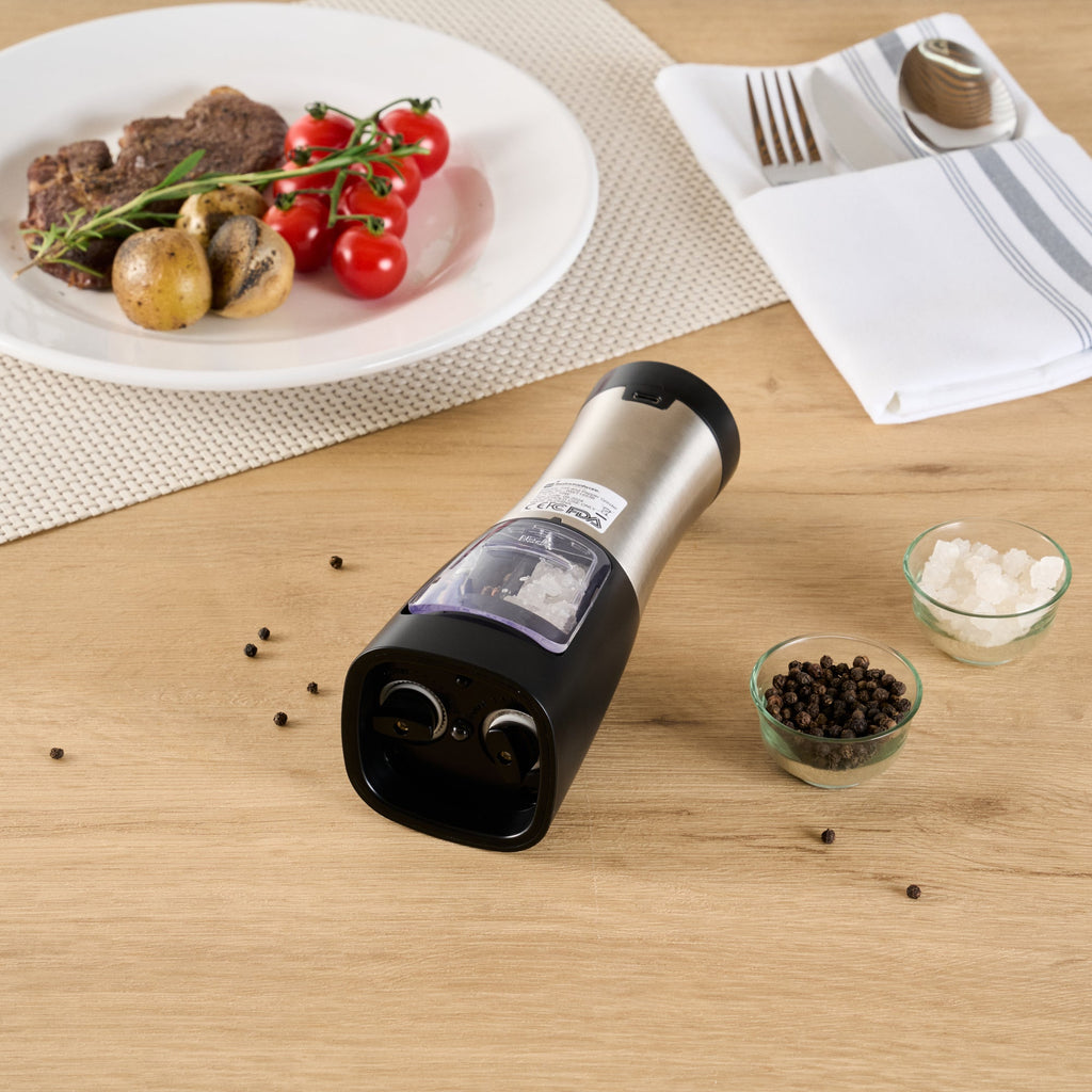 Met Lux Black 2-in-1 Electric Salt and Pepper Grinder - Battery-Operated, with LED Light - 2 3/4'' x 2 3/4'' x 7 3/4'' - 1 count box