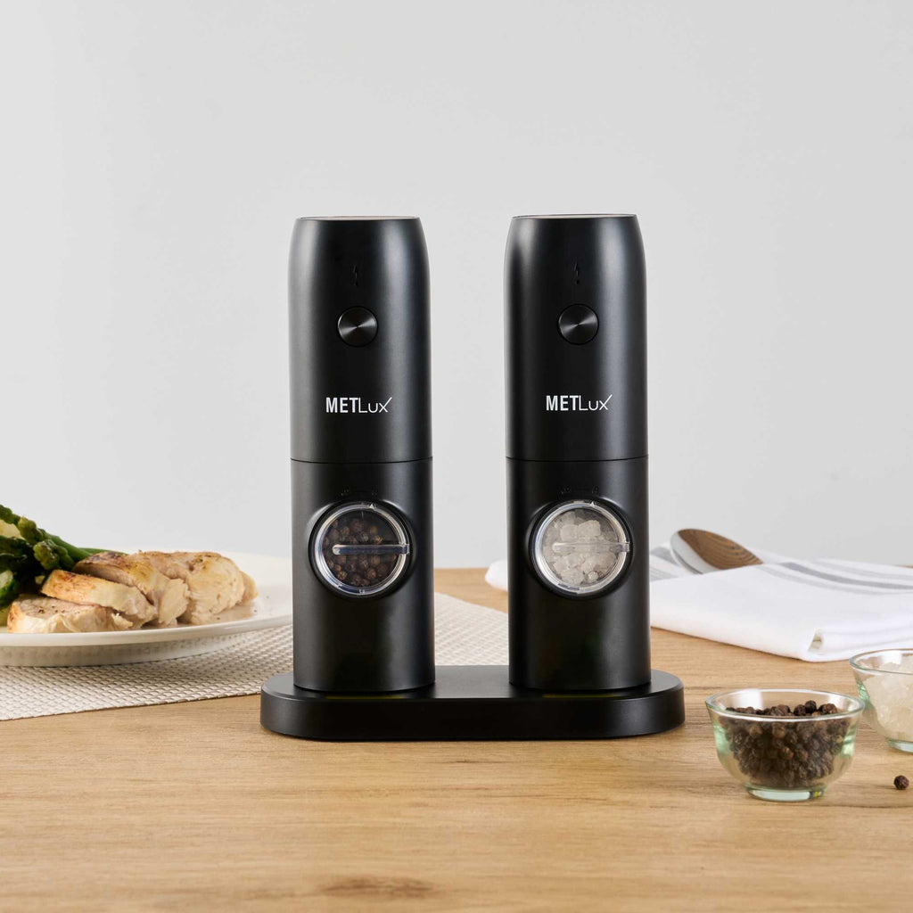 Met Lux Black Electric Salt and Pepper Grinder Set - with Charging Base and LED Light - 6 1/2'' x 2 3/4'' x 7 3/4'' - 1 count box