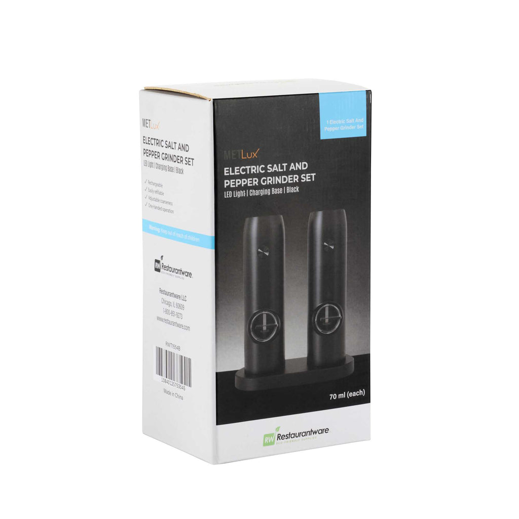 Met Lux Black Electric Salt and Pepper Grinder Set - with Charging Base and LED Light - 6 1/2'' x 2 3/4'' x 7 3/4'' - 1 count box