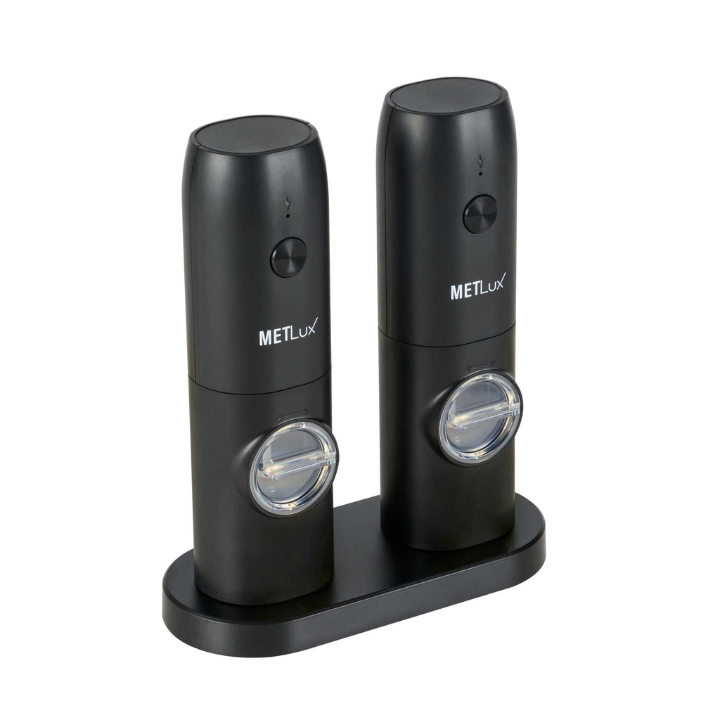Met Lux Black Electric Salt and Pepper Grinder Set - with Charging Base and LED Light - 6 1/2'' x 2 3/4'' x 7 3/4'' - 1 count box