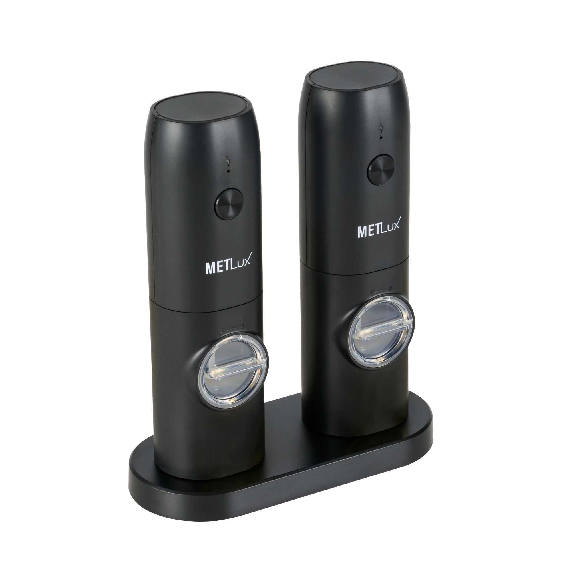 Met Lux Black Electric Salt and Pepper Grinder Set - with Charging Base and LED Light - 6 1/2'' x 2 3/4'' x 7 3/4'' - 1 count box
