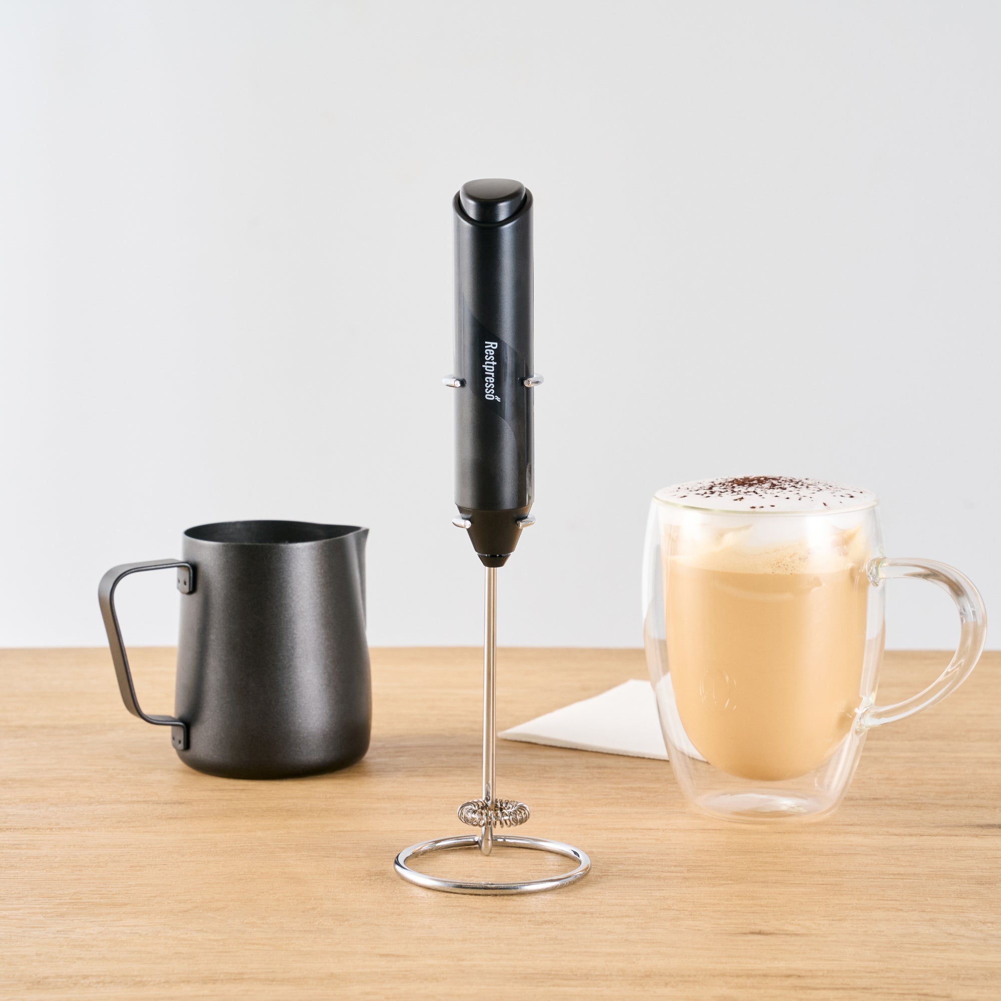 Restpresso Black Electric Handheld Milk Frother - Battery-Operated, with Stand - 1'' x 1 1/2'' x 8 1/2'' - 1 count box