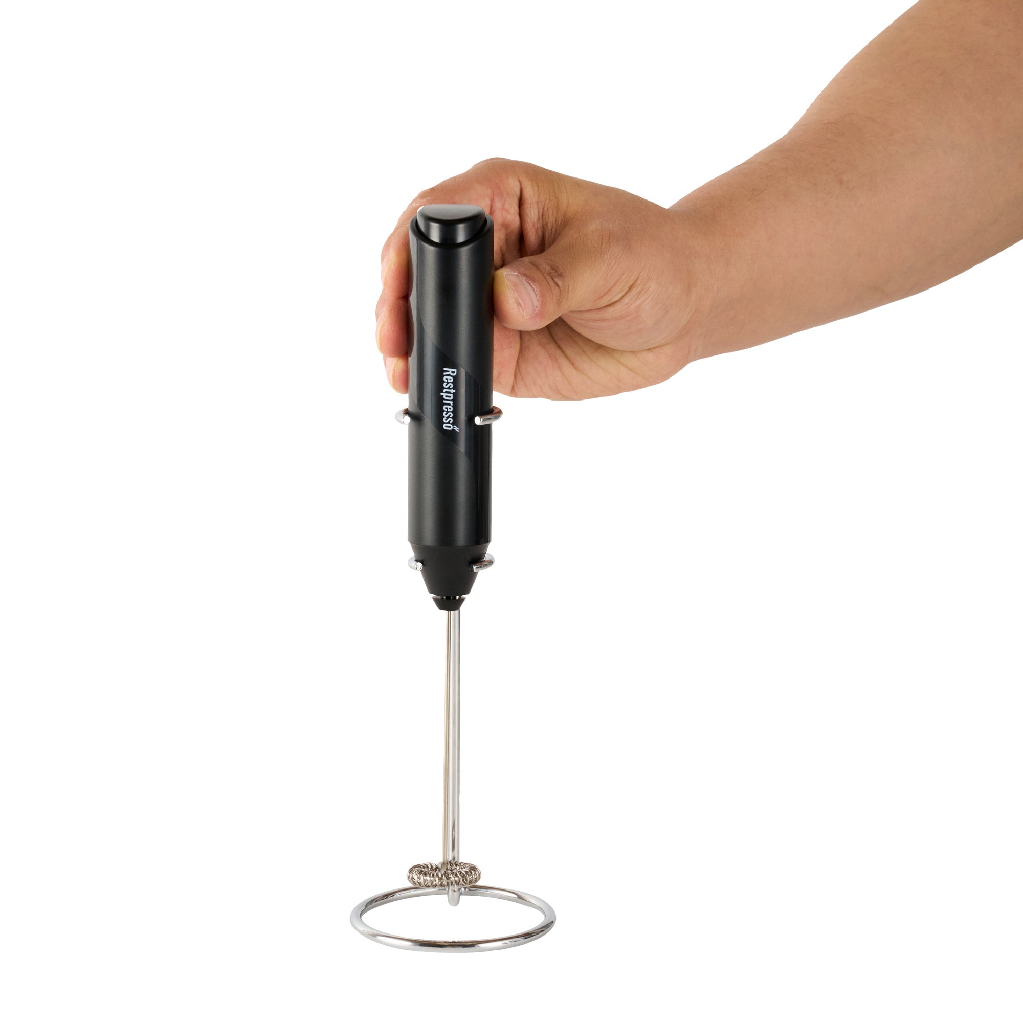 Restpresso Black Electric Handheld Milk Frother - Battery-Operated, with Stand - 1'' x 1 1/2'' x 8 1/2'' - 1 count box
