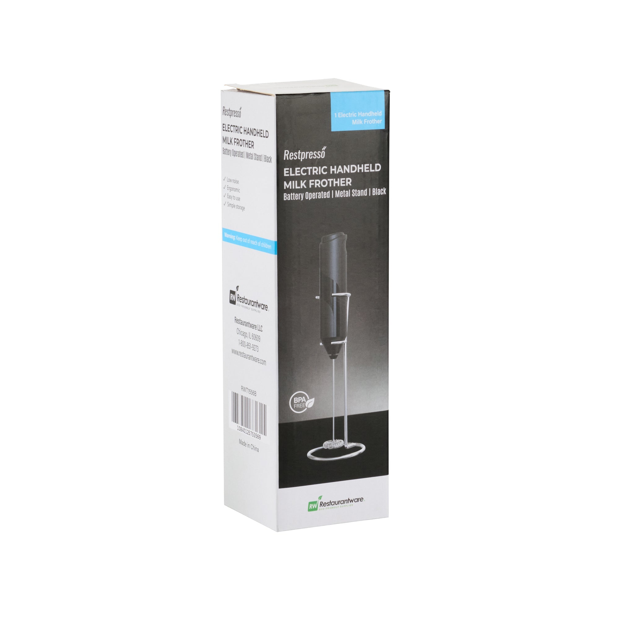 Restpresso Black Electric Handheld Milk Frother - Battery-Operated, with Stand - 1'' x 1 1/2'' x 8 1/2'' - 1 count box