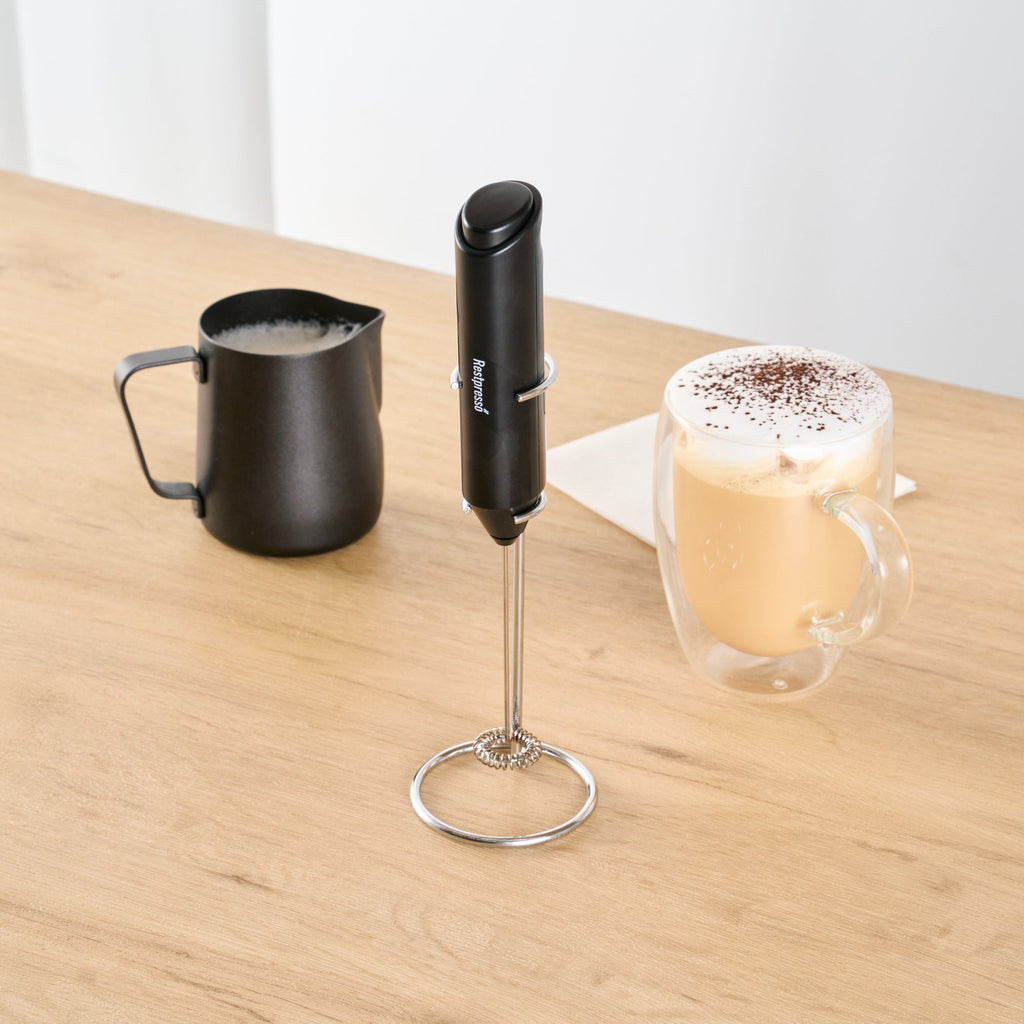 Restpresso Black Electric Handheld Milk Frother - Battery-Operated, with Stand - 1'' x 1 1/2'' x 8 1/2'' - 1 count box