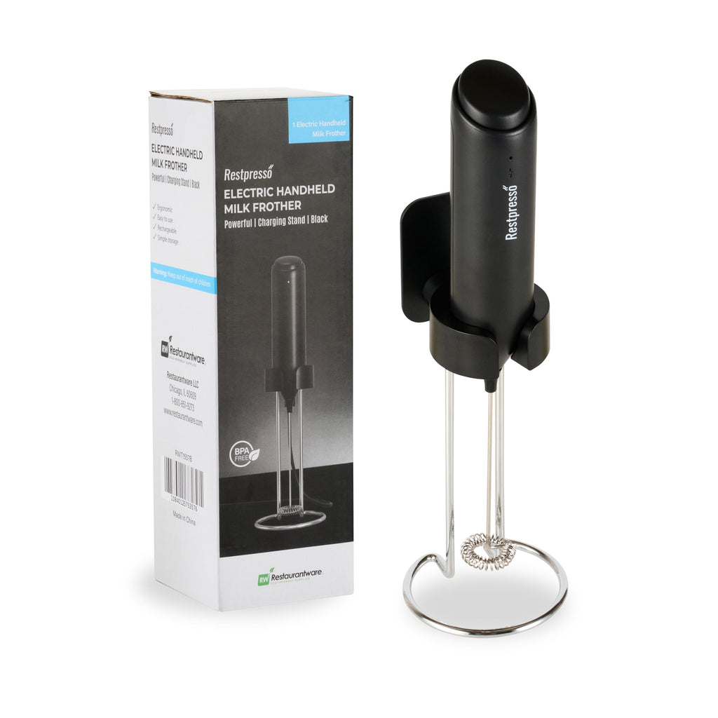 Restpresso Black Electric Handheld Milk Frother - with Charging Stand - 1 1/4'' x 1 1/4'' x 9'' - 1 count box
