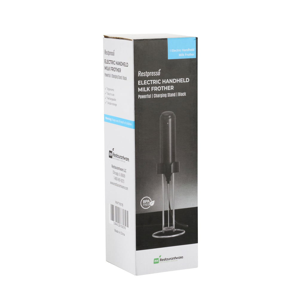 Restpresso Black Electric Handheld Milk Frother - with Charging Stand - 1 1/4'' x 1 1/4'' x 9'' - 1 count box