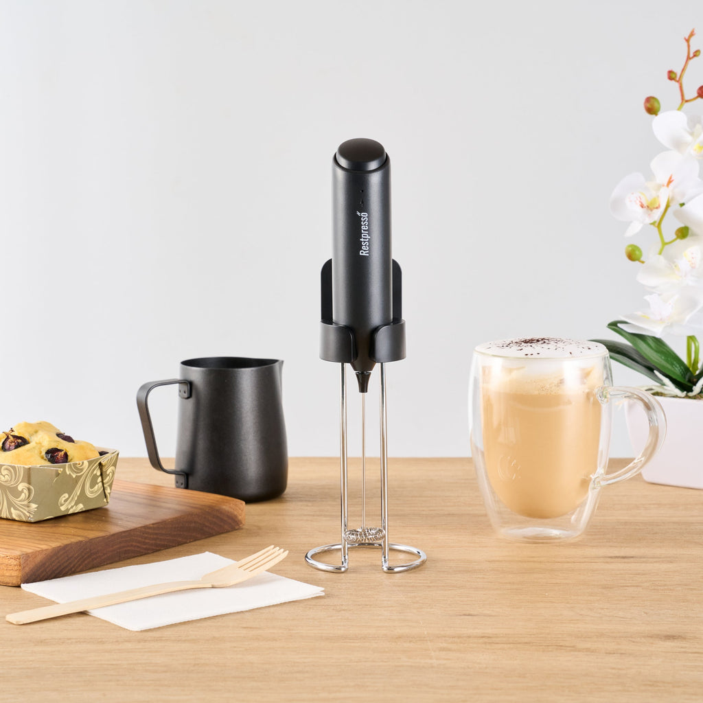Restpresso Black Electric Handheld Milk Frother - with Charging Stand - 1 1/4'' x 1 1/4'' x 9'' - 1 count box
