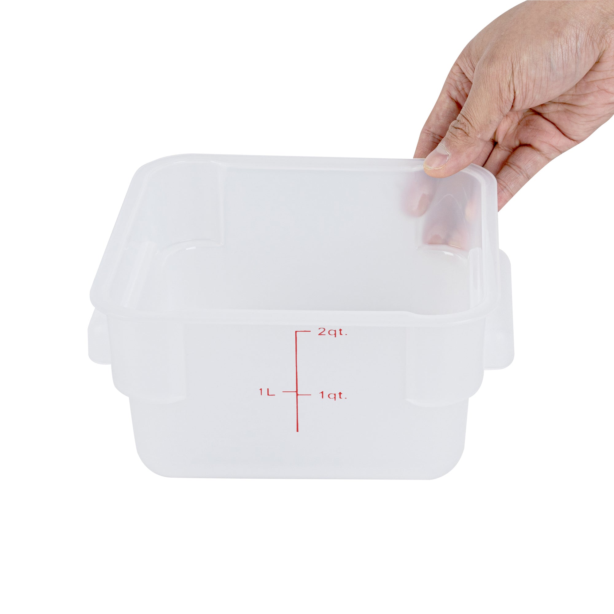 Met Lux 2 qt Square Translucent Plastic Food Storage Container - with Red Volume Markers - 7" x 7" x 4" - 1 count box