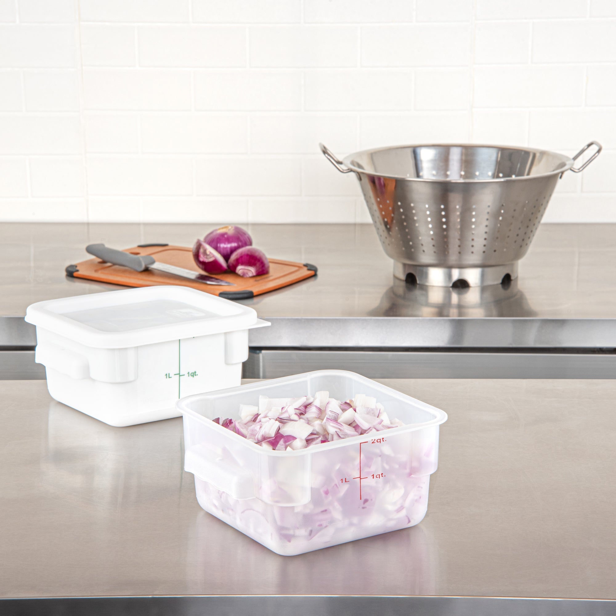 Met Lux 2 qt Square Translucent Plastic Food Storage Container - with Red Volume Markers - 7" x 7" x 4" - 1 count box