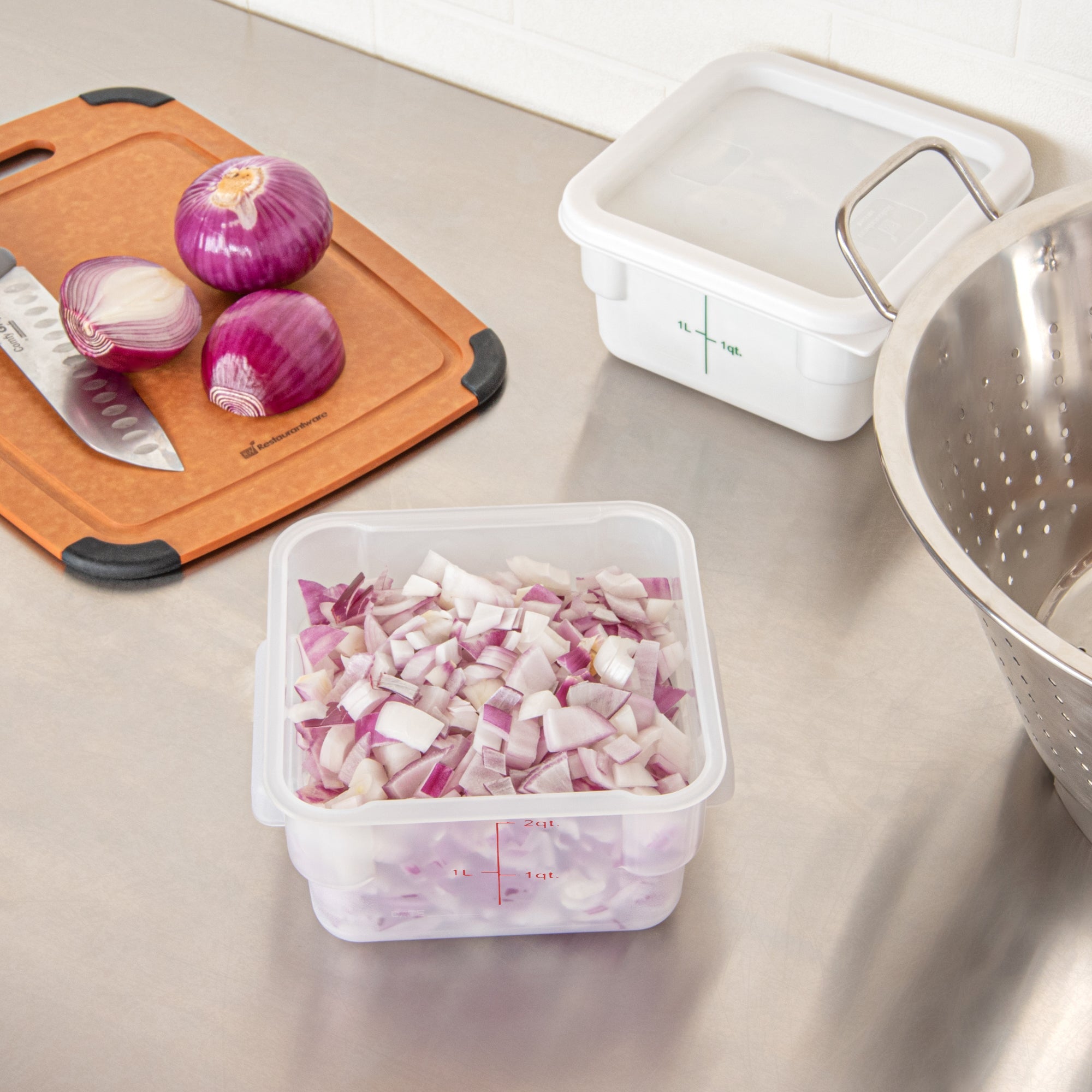 Met Lux 2 qt Square Translucent Plastic Food Storage Container - with Red Volume Markers - 7" x 7" x 4" - 1 count box