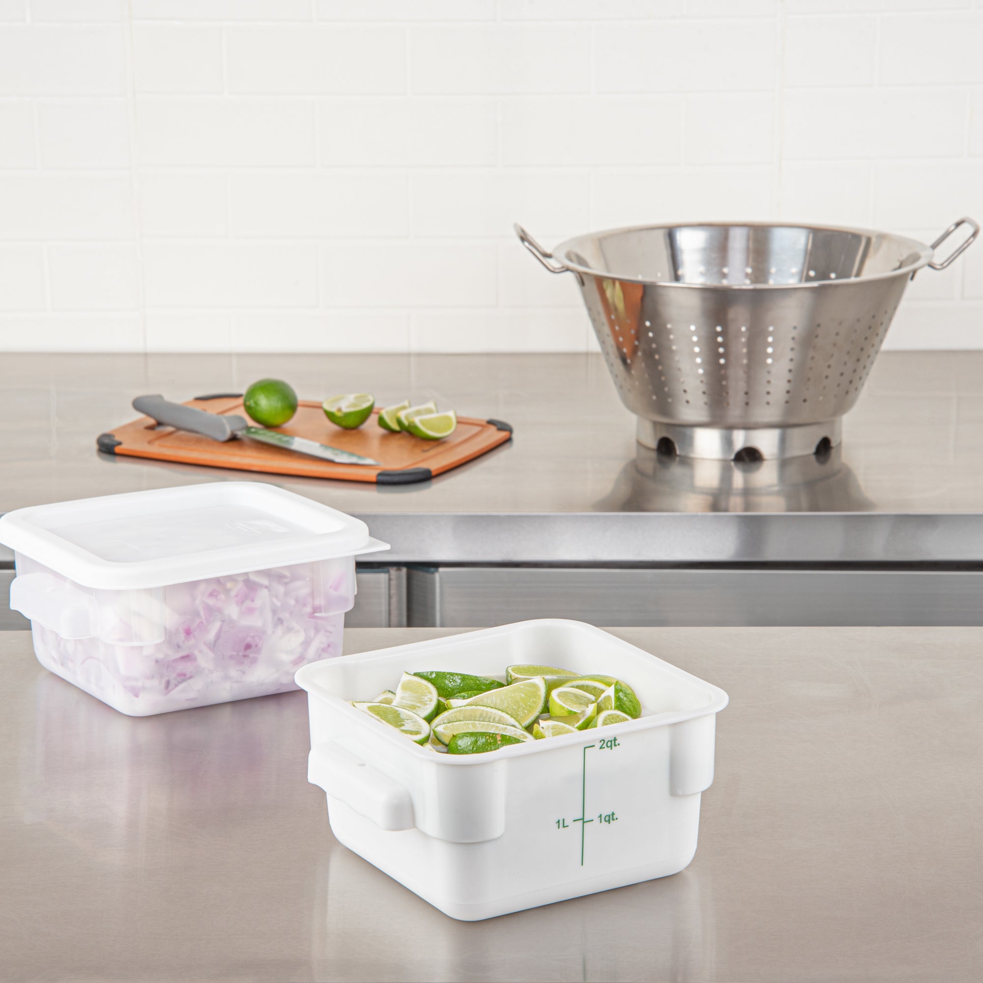 Met Lux 2 qt Square White Plastic Food Storage Container - with Green Volume Markers - 7" x 7" x 4" - 1 count box