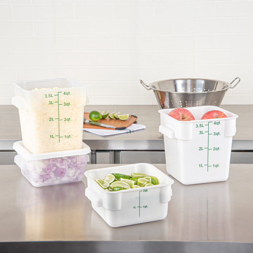 Met Lux 2 qt Square White Plastic Food Storage Container - with Green Volume Markers - 7" x 7" x 4" - 10 count box