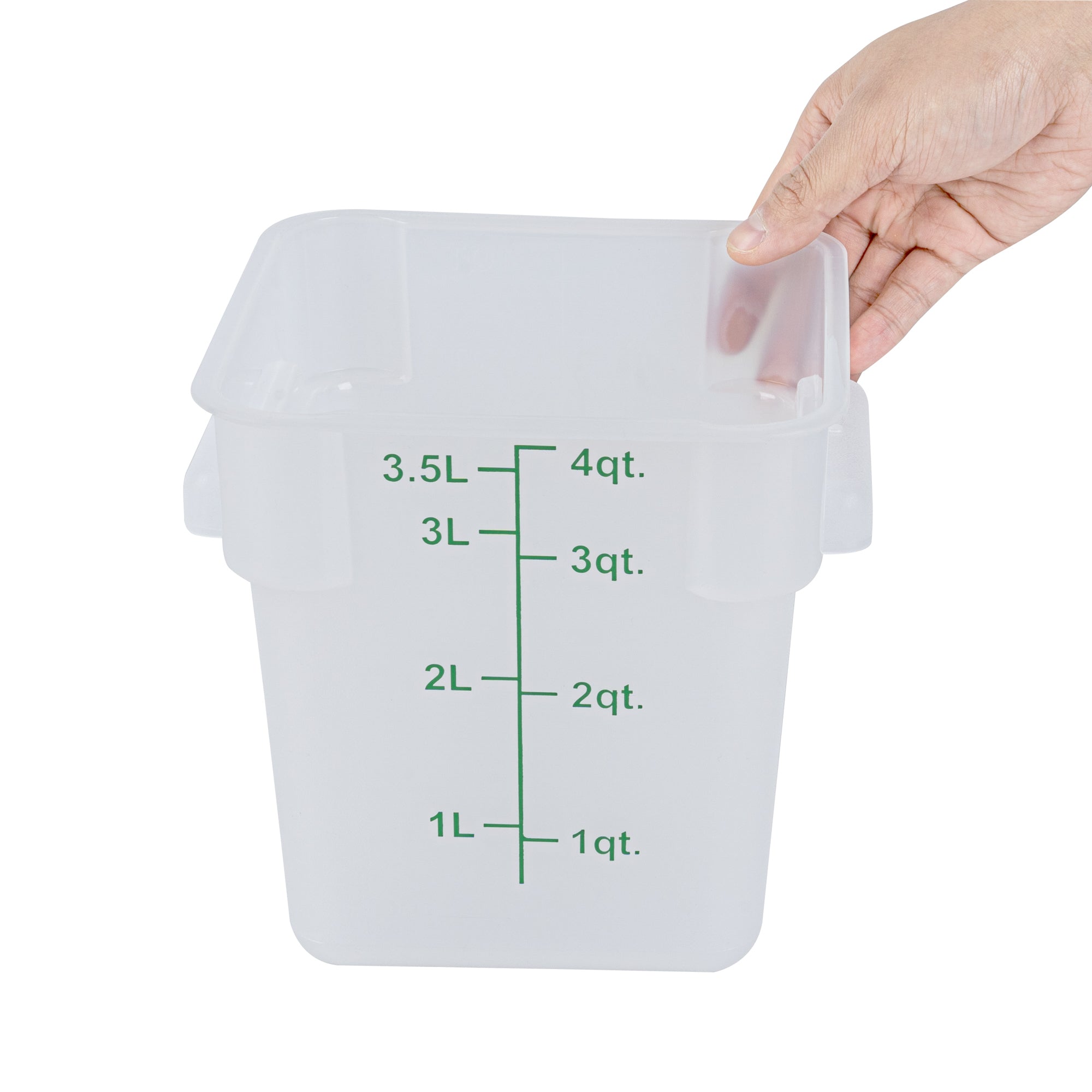 Met Lux 4 qt Square Translucent Plastic Food Storage Container - with Green Volume Markers - 7" x 7" x 7 1/2" - 10 count box