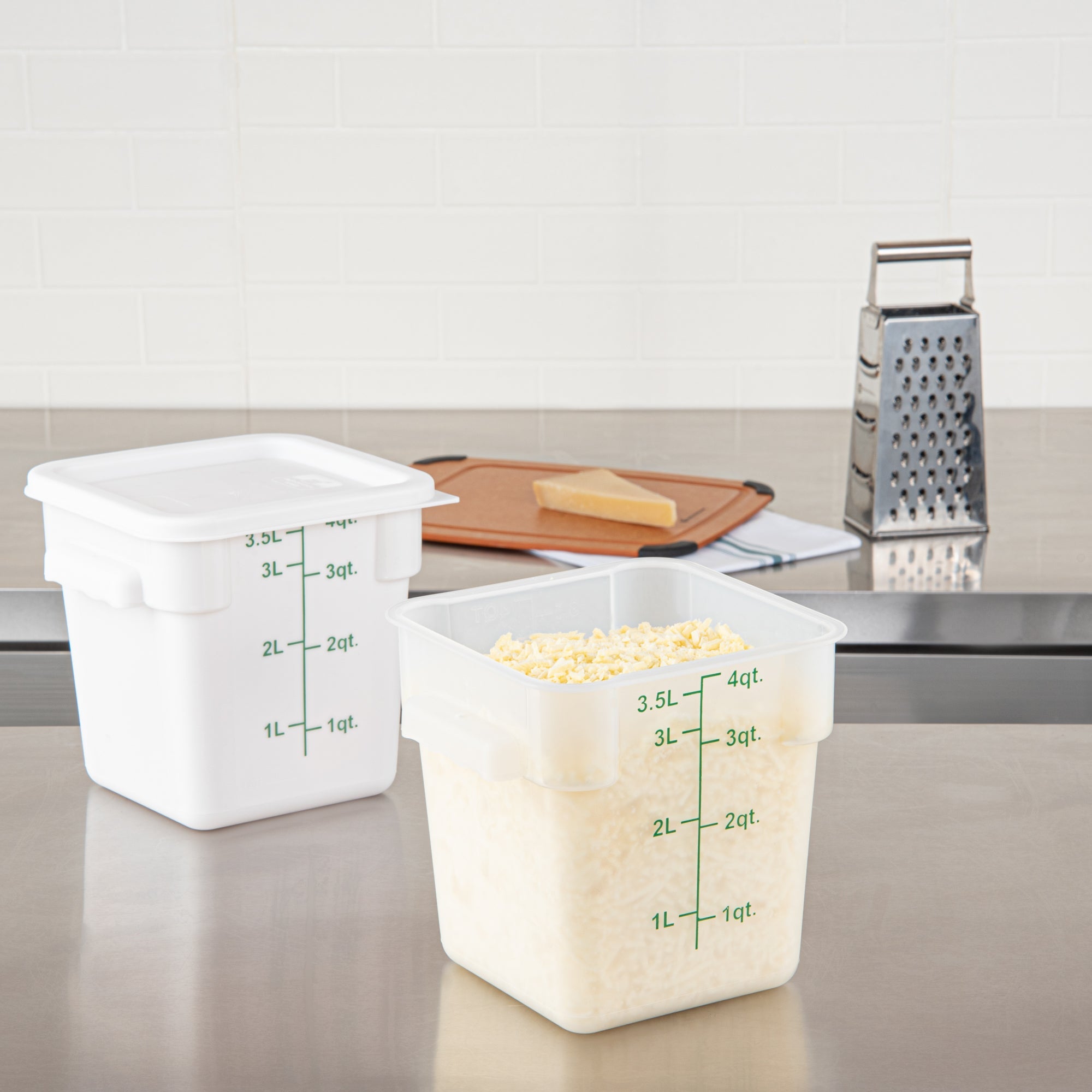 Met Lux 4 qt Square Translucent Plastic Food Storage Container - with Green Volume Markers - 7" x 7" x 7 1/2" - 10 count box