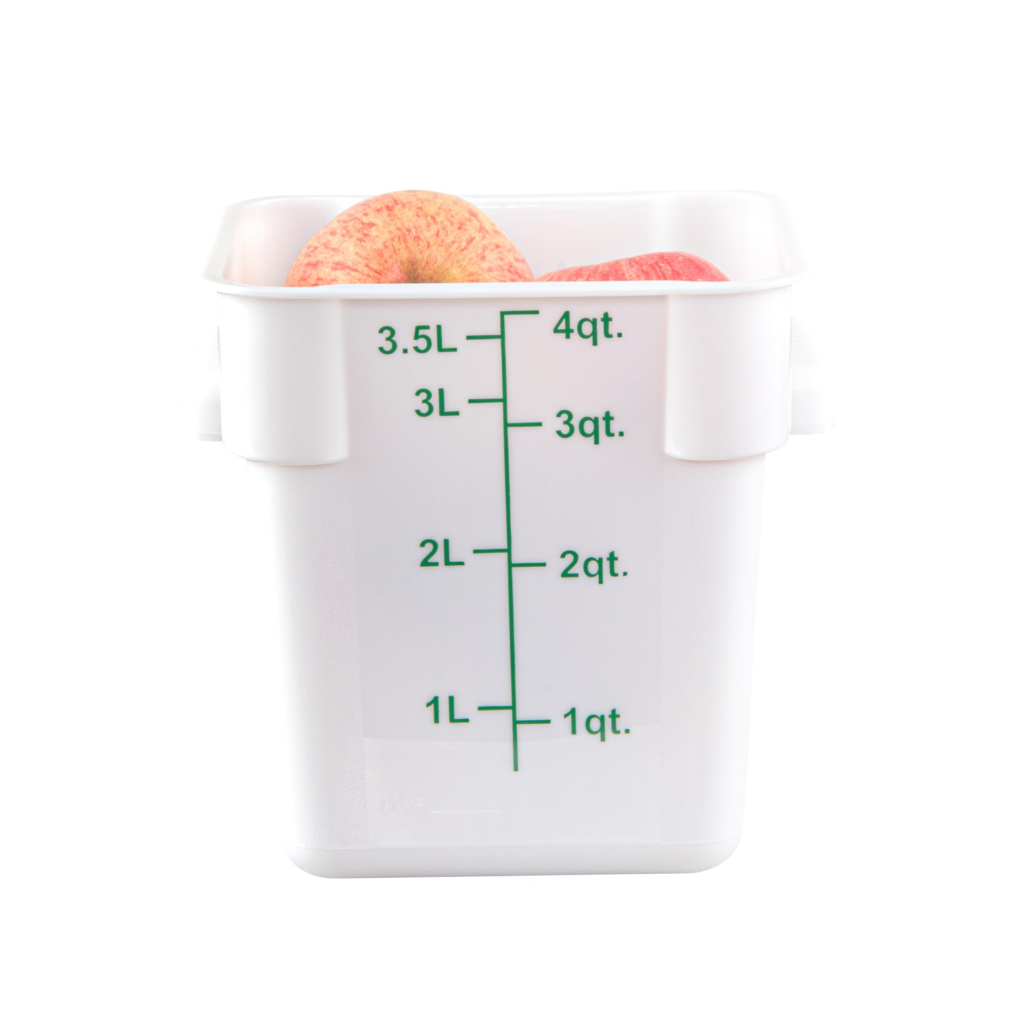 Met Lux 4 qt Square White Plastic Food Storage Container - with Green Volume Markers - 7" x 7" x 7 1/2" - 1 count box